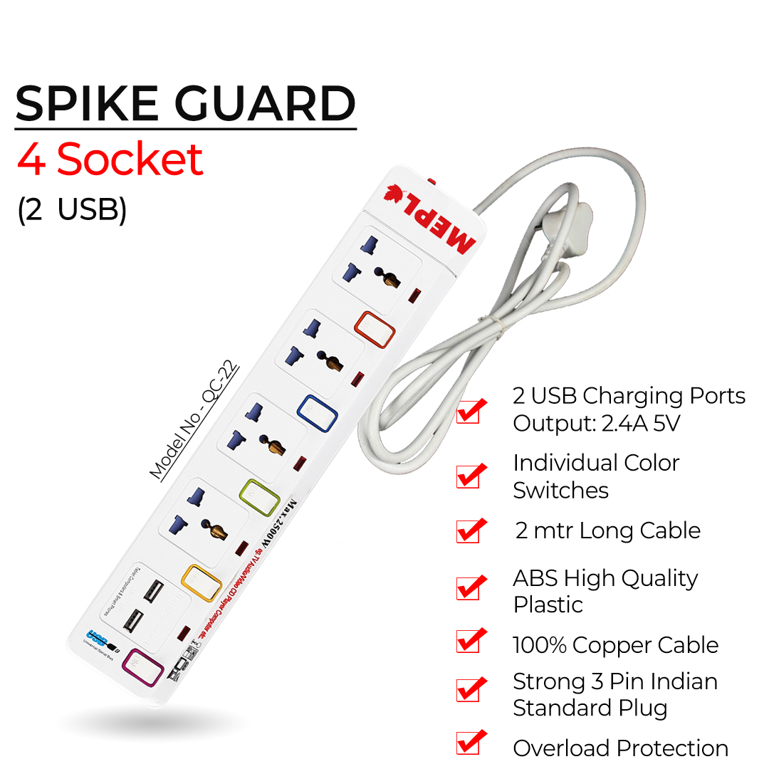 MEPL 4 Socket Spike Guard with 2 USB QC-22